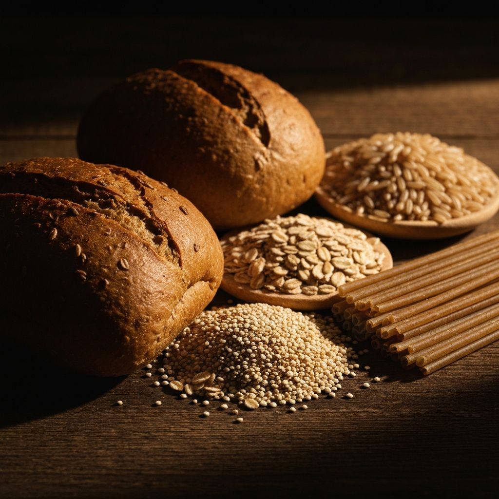 Whole grain bread, brown rice, oats, quinoa and whole wheat pasta on a dark wooden surface