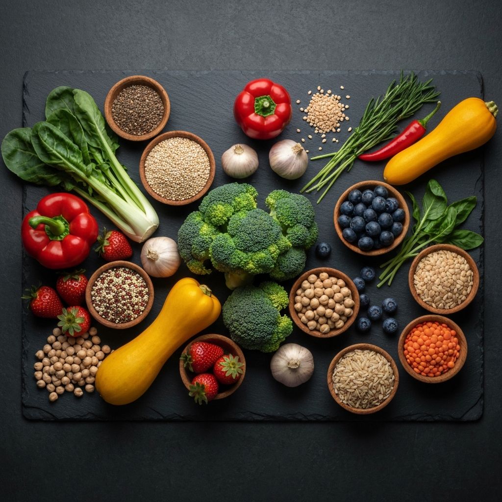 Diverse arrangement of fresh whole foods including vegetables, fruits, grains and legumes