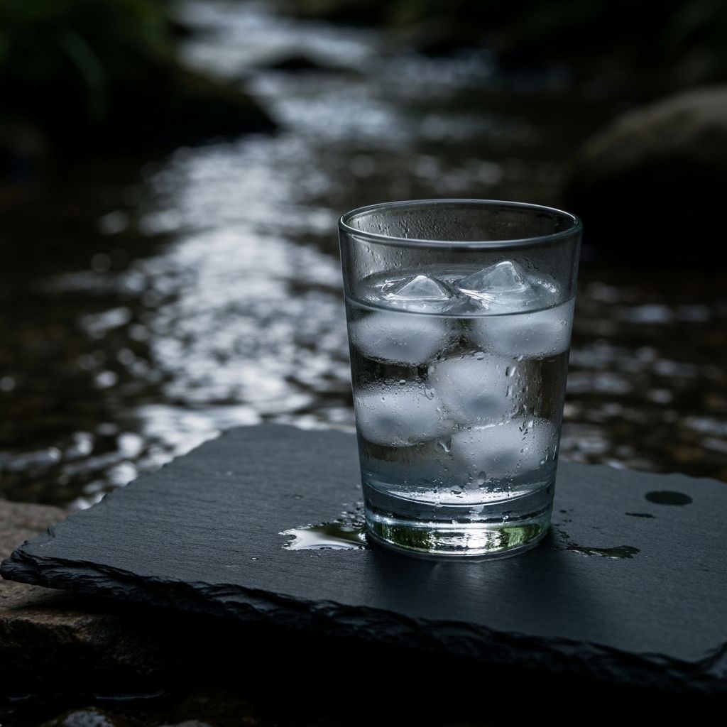 A glass of clear water with condensation on a dark surface